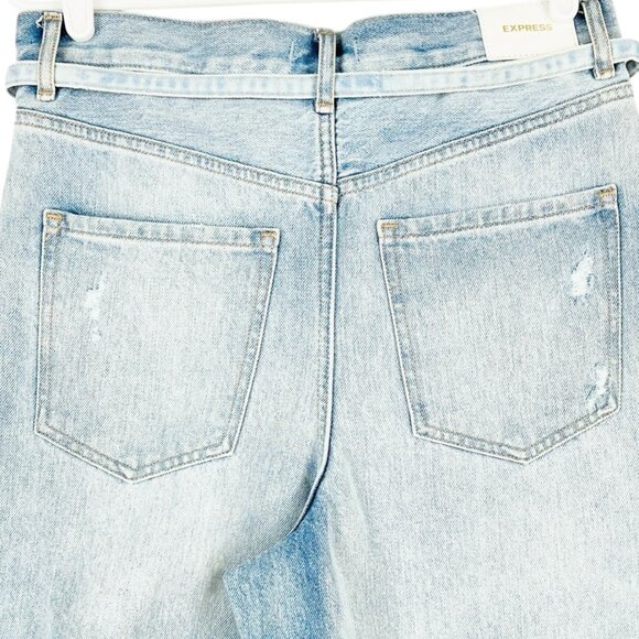 Express Women's 90s High Rise Distressed Belted Blue Denim Bermuda Size 4 NWOT - Picture 4 of 12
